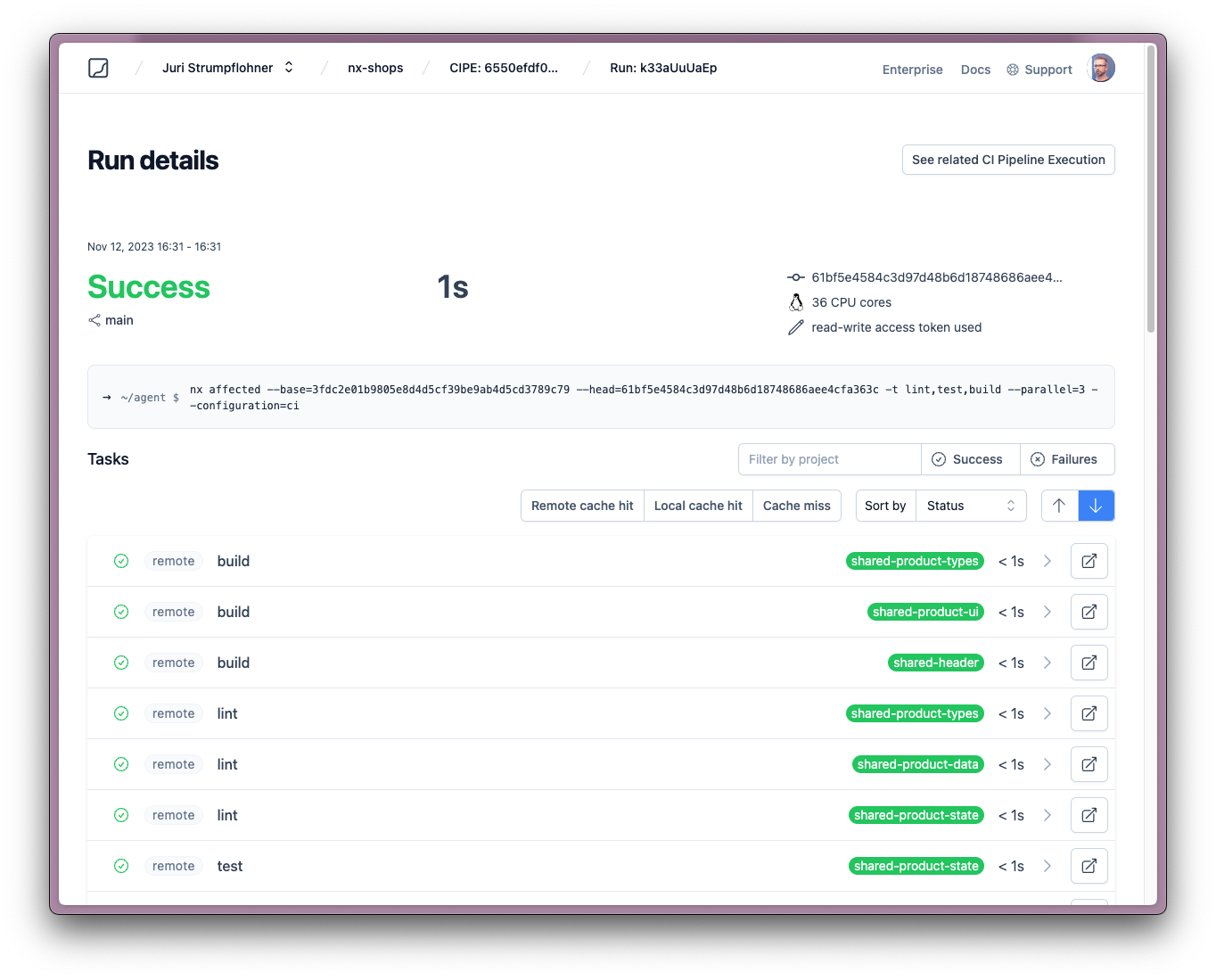 Run Details with remote cache hits